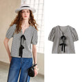 Striped Tie-Front Puff-Sleeve Blouse