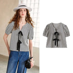 Striped Tie-Front Puff-Sleeve Blouse