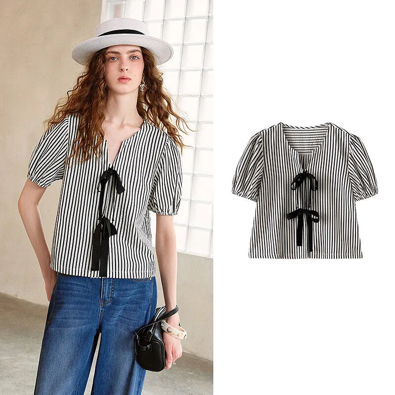 Striped Tie-Front Puff-Sleeve Blouse