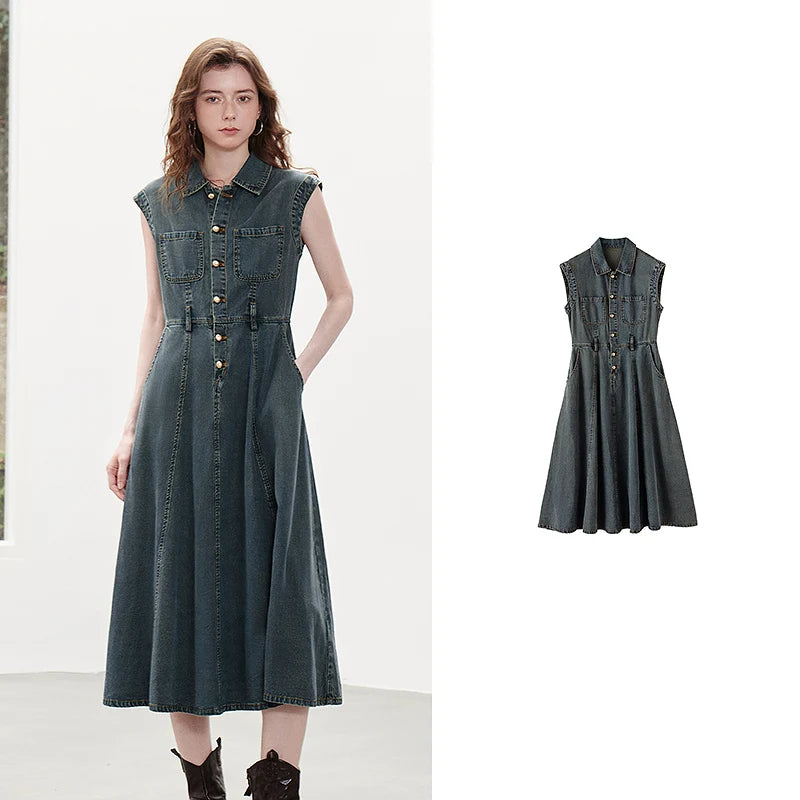 Sleeveless Button-Front Denim Dress