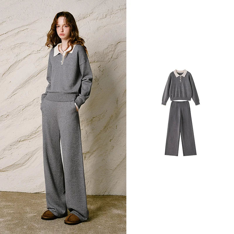Contrast-Collar Knit Pants Set