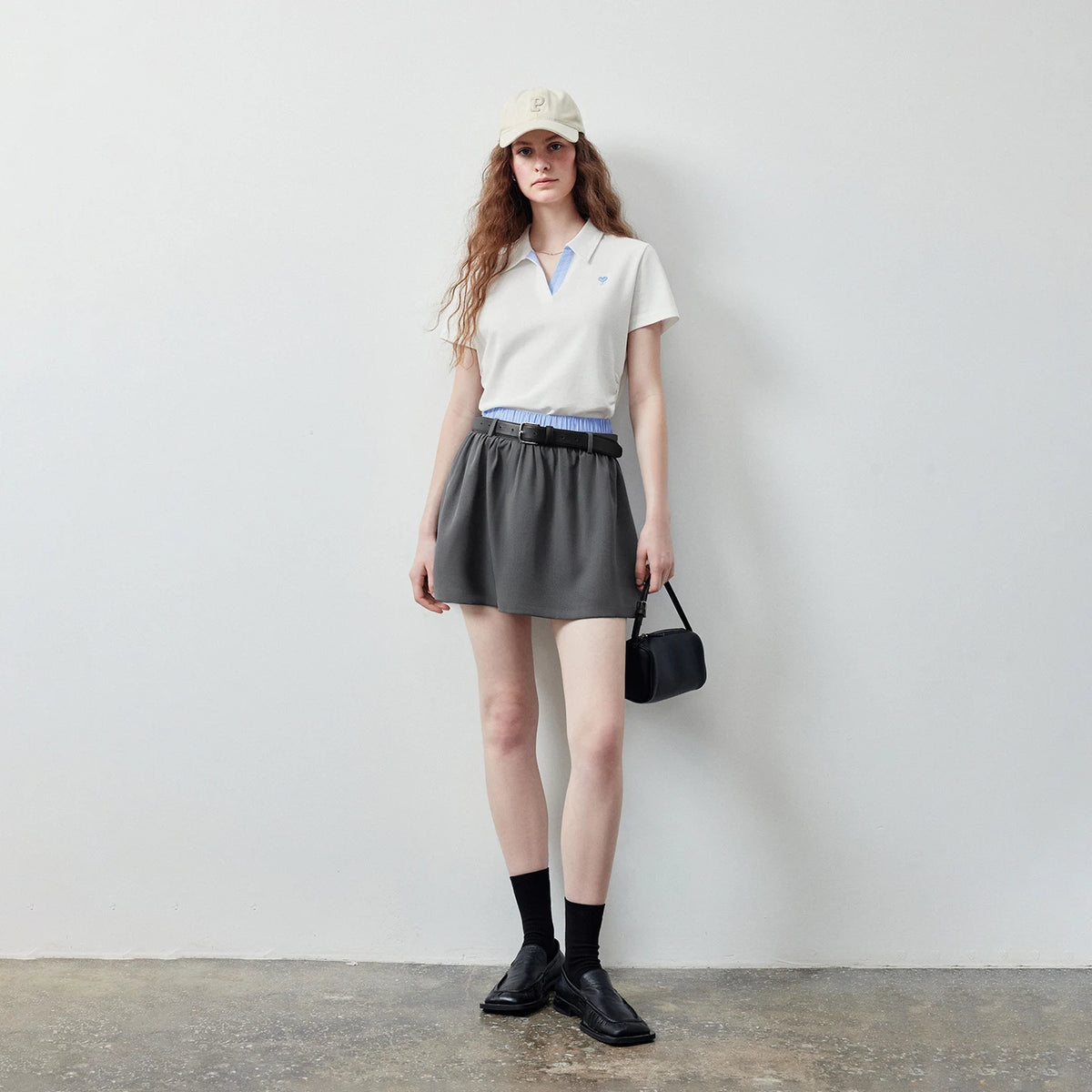 Layered-Waistband Flared Mini Skirt