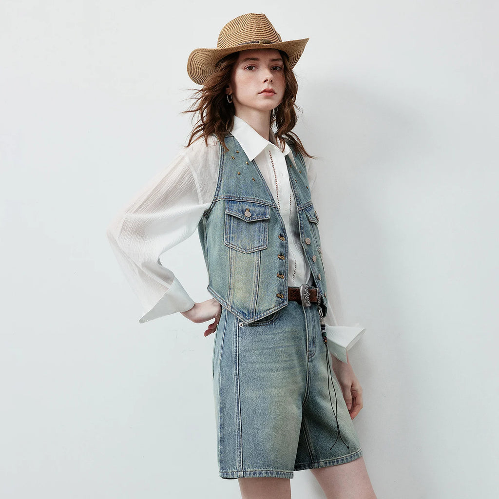 Cropped Denim Button-Front Vest