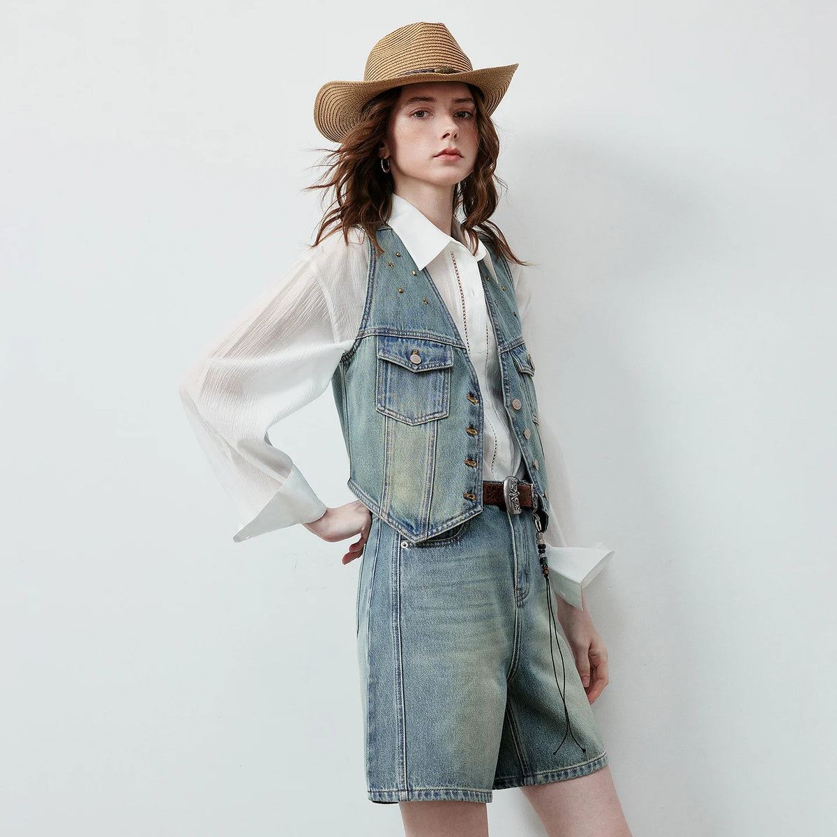 Cropped Denim Button-Front Vest