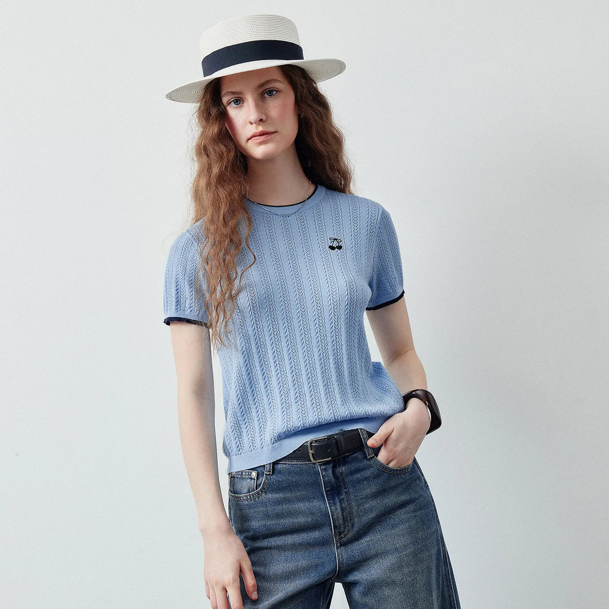 Cable-Knit Contrast-Trim Tee