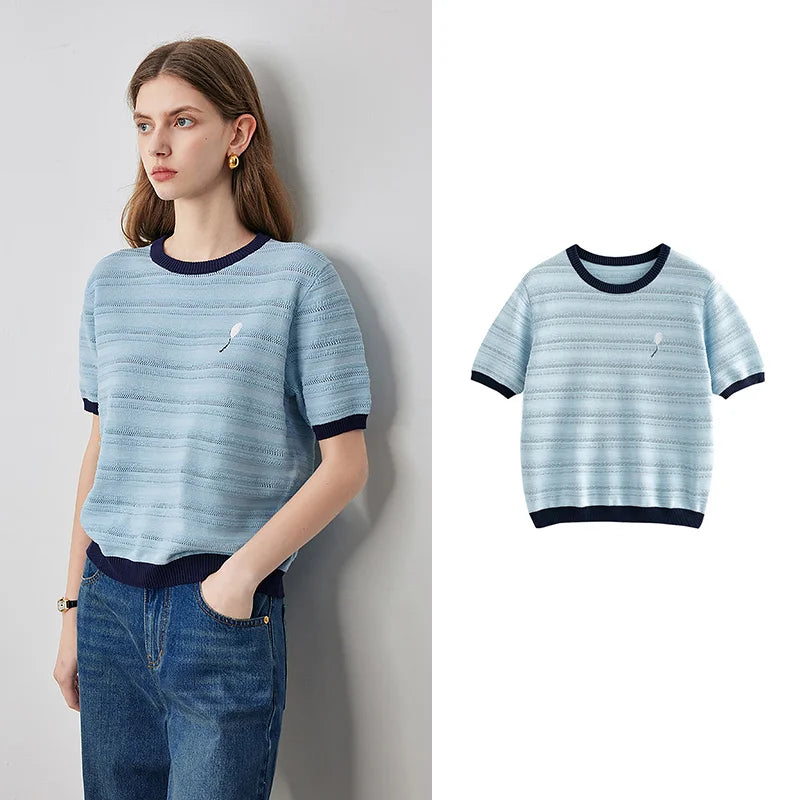 Contrast-Trim Textured Knit Tee