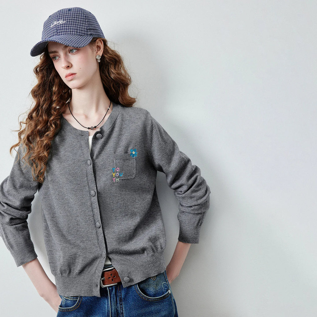 Decorative-Motif Crewneck Knit Cardigan