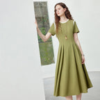 Short-Sleeve Pleated Midi Dress