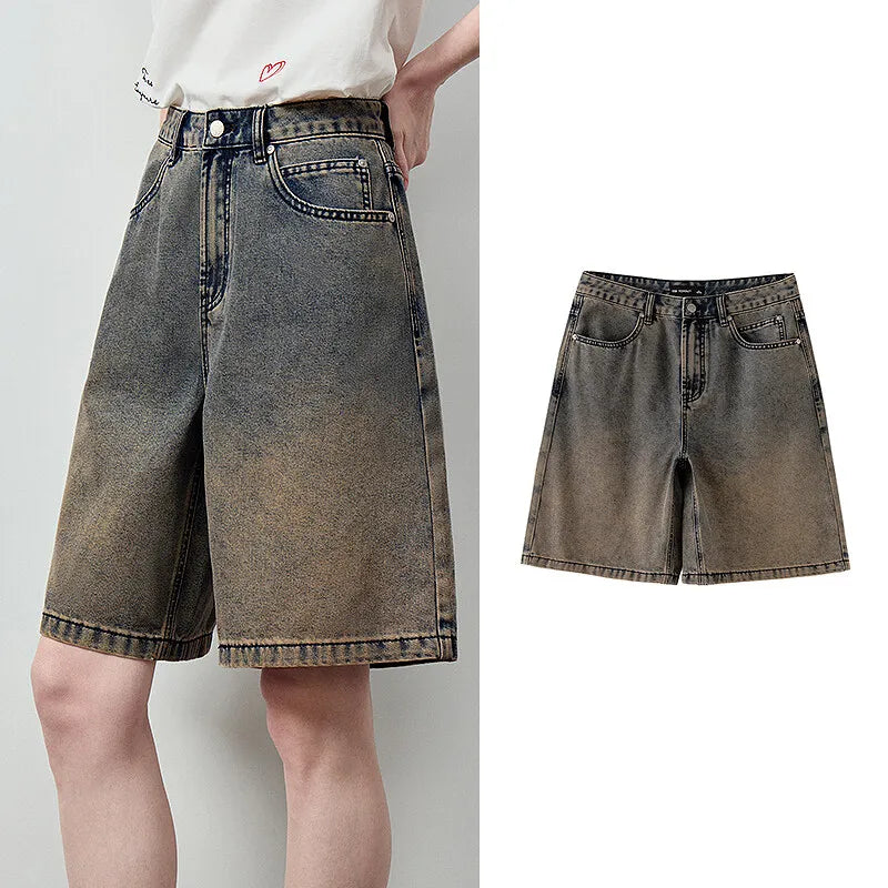 Wide-Leg Denim Bermuda Shorts