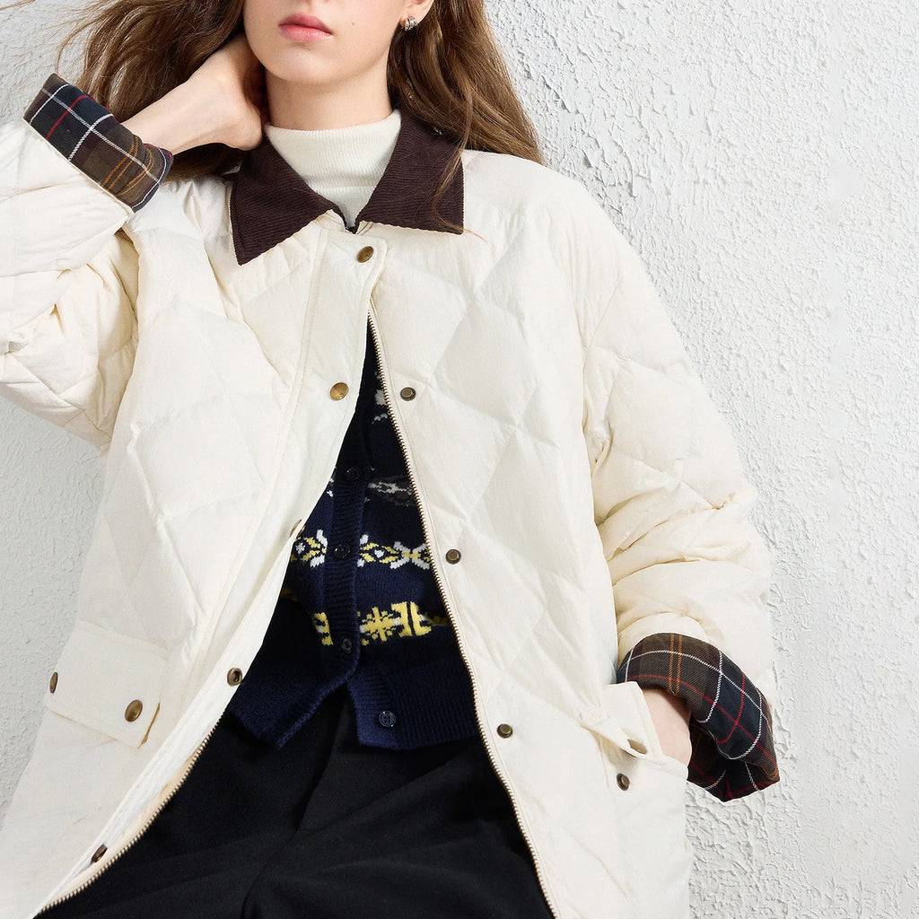 Diamond-Quilted Plaid-Trim Jacket