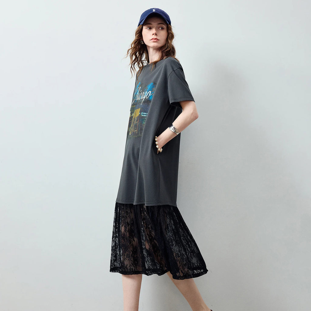 Lace-Hem Graphic T-Shirt Dress