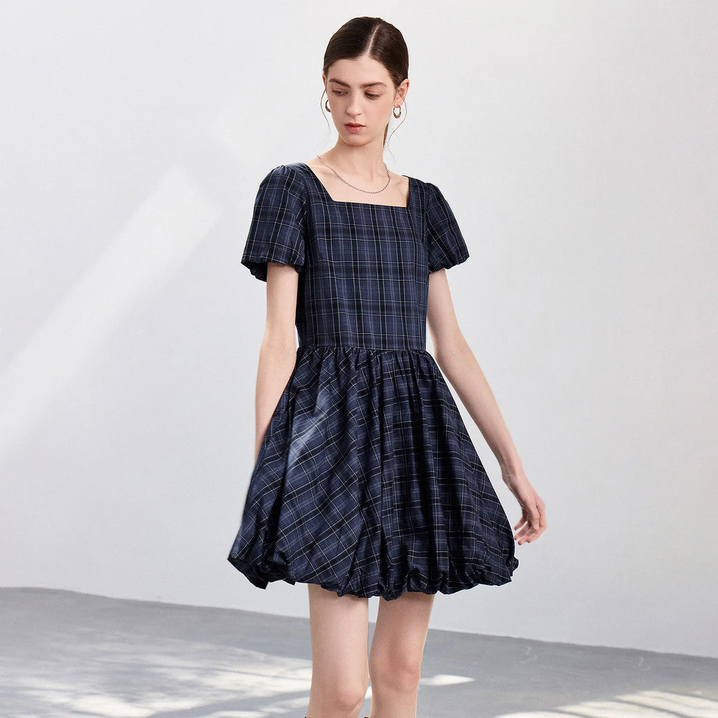 Plaid Puff-Sleeve Mini Dress