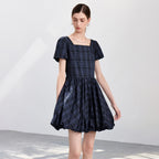 Plaid Puff-Sleeve Mini Dress