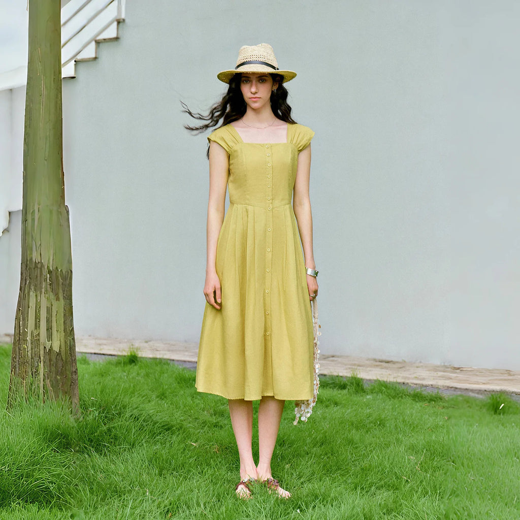 Square-Neck Gathered-Waist Midi Dress