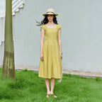 Square-Neck Gathered-Waist Midi Dress