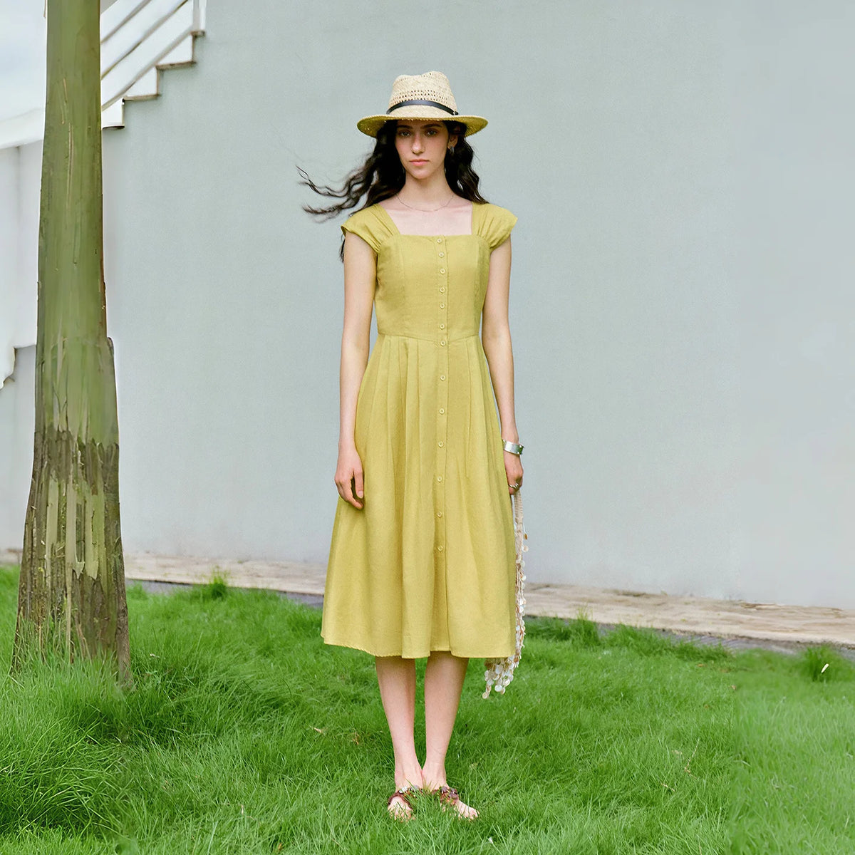 Square-Neck Gathered-Waist Midi Dress