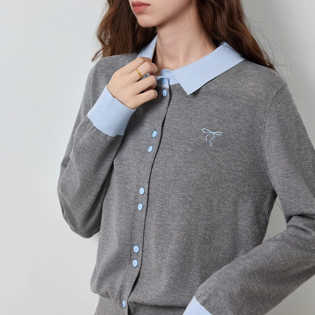 Contrast-Collar Button-Up Knit Cardigan