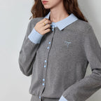 Contrast-Collar Button-Up Knit Cardigan