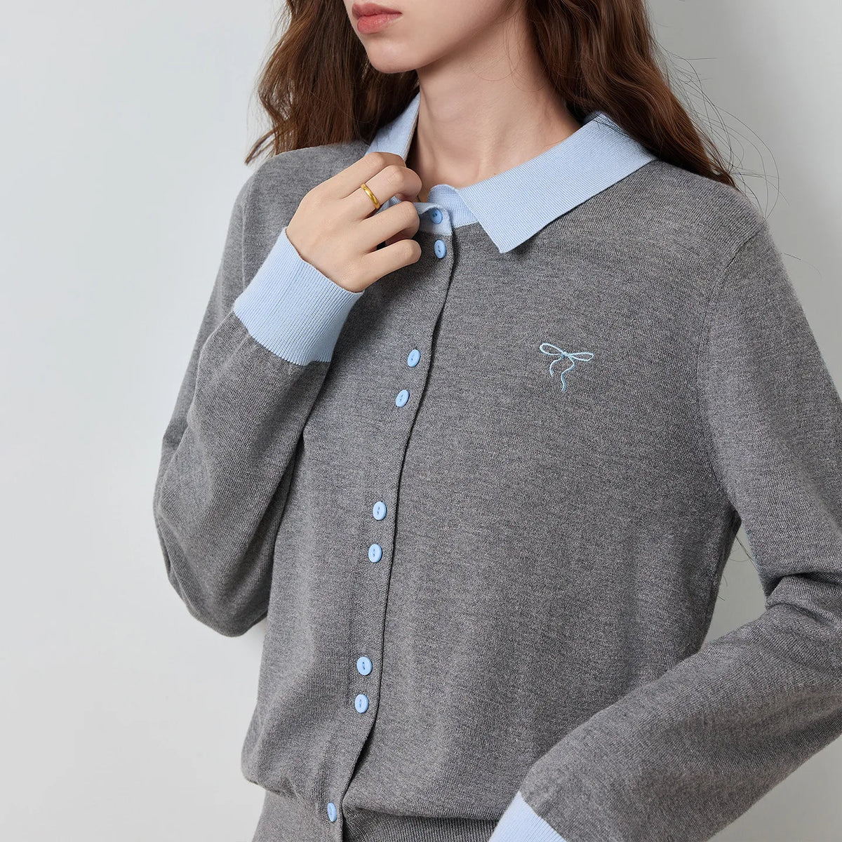 Contrast-Collar Button-Up Knit Cardigan