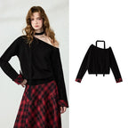 Plaid-Cuff Off-Shoulder Knit Top