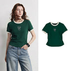 Bow-Detail Contrast-Trim Fitted Tee