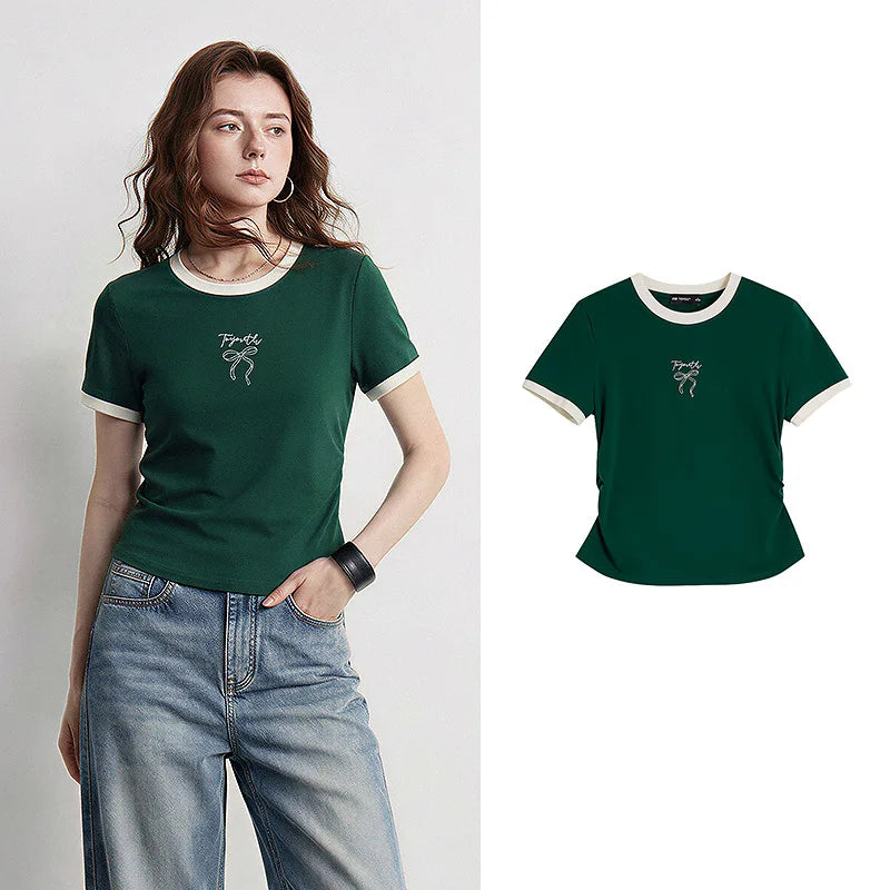 Bow-Detail Contrast-Trim Fitted Tee