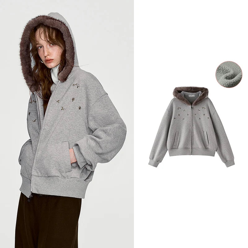 Floral-Motif Zip-Up Hoodie