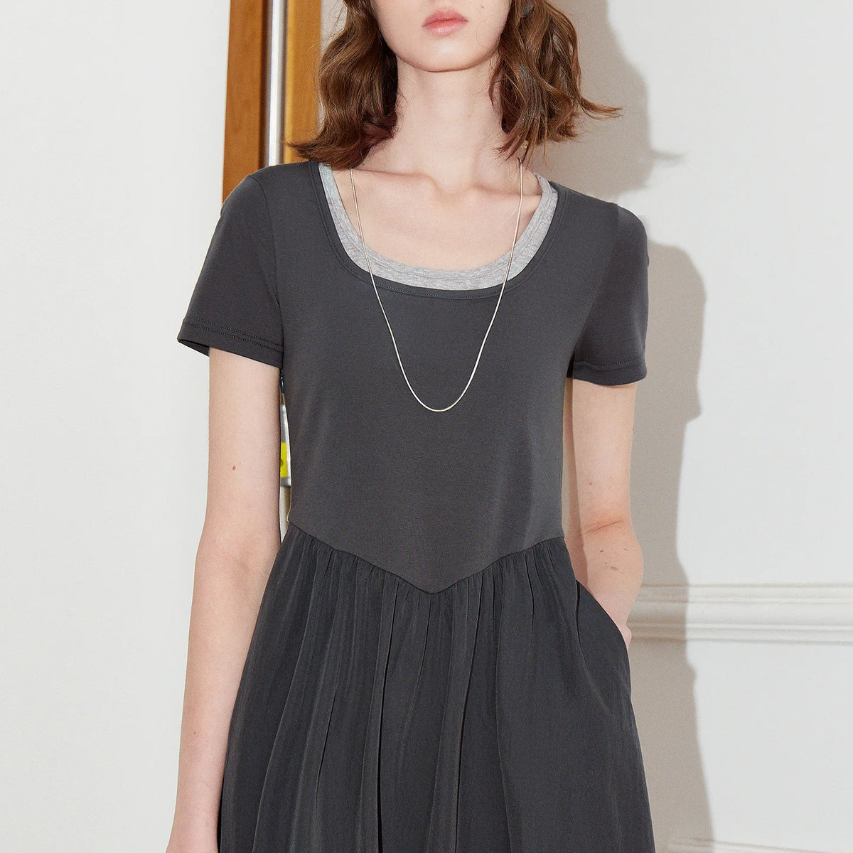 Layered-Look Short-Sleeve Midi Dress
