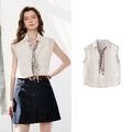 Printed-Placket Sleeveless Blouse