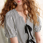 Striped Tie-Front Puff-Sleeve Blouse