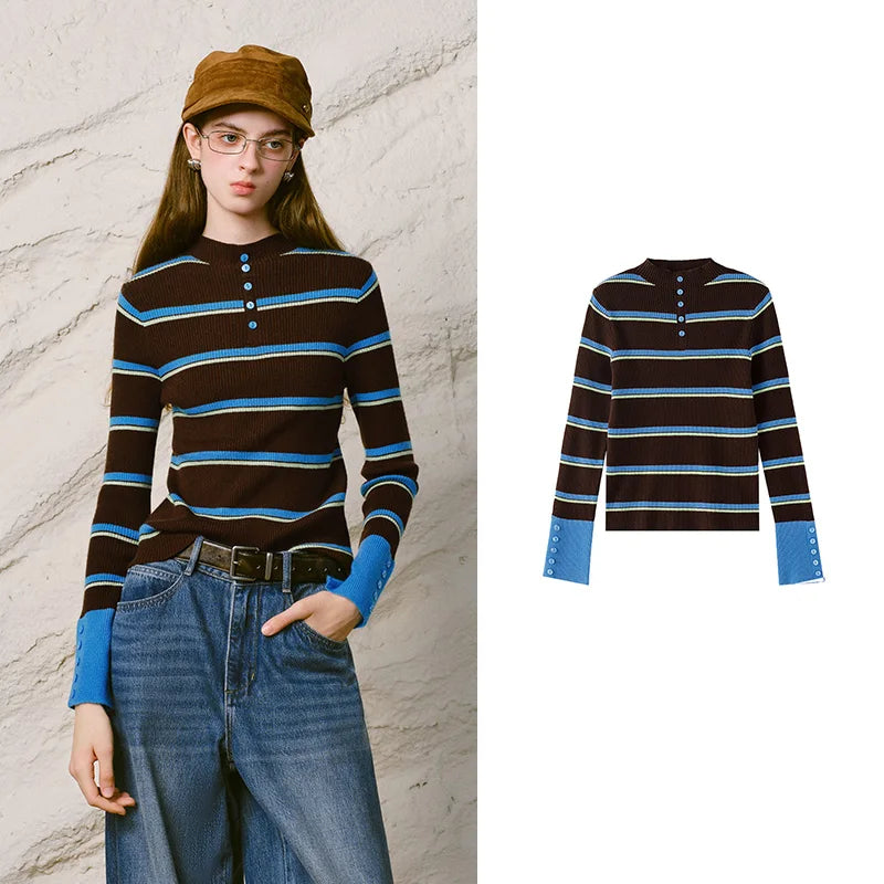 Striped Button-Neck Sweater