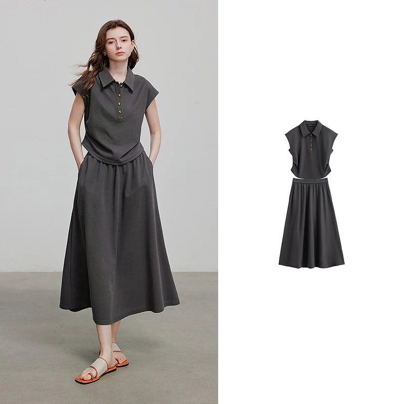 Polo Top and Midi Skirt Set