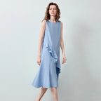 Asymmetric-Ruffle Sleeveless Midi Dress