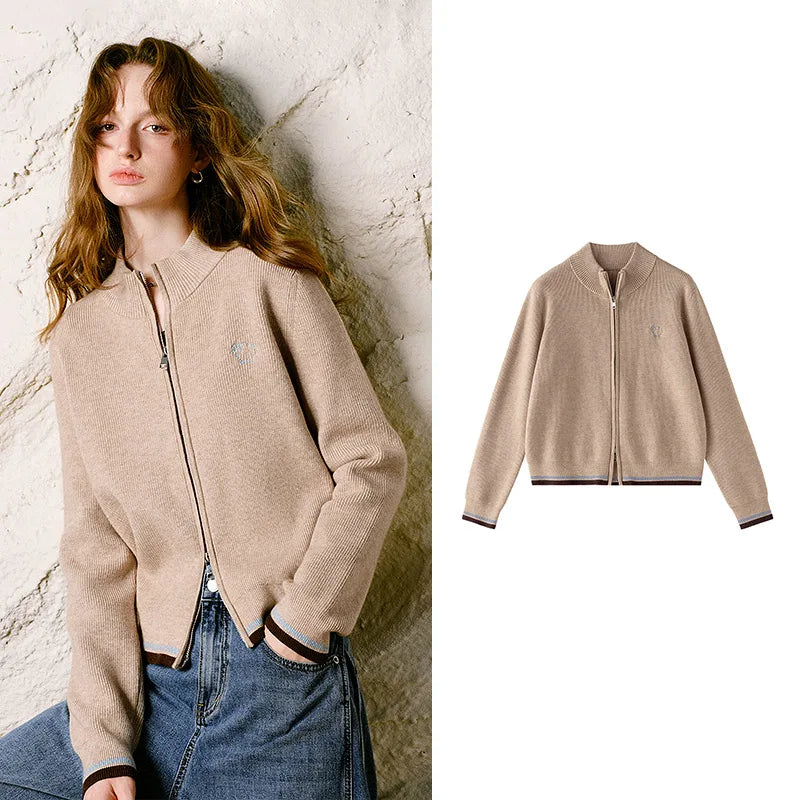 Stand-Collar Zip Knit Cardigan