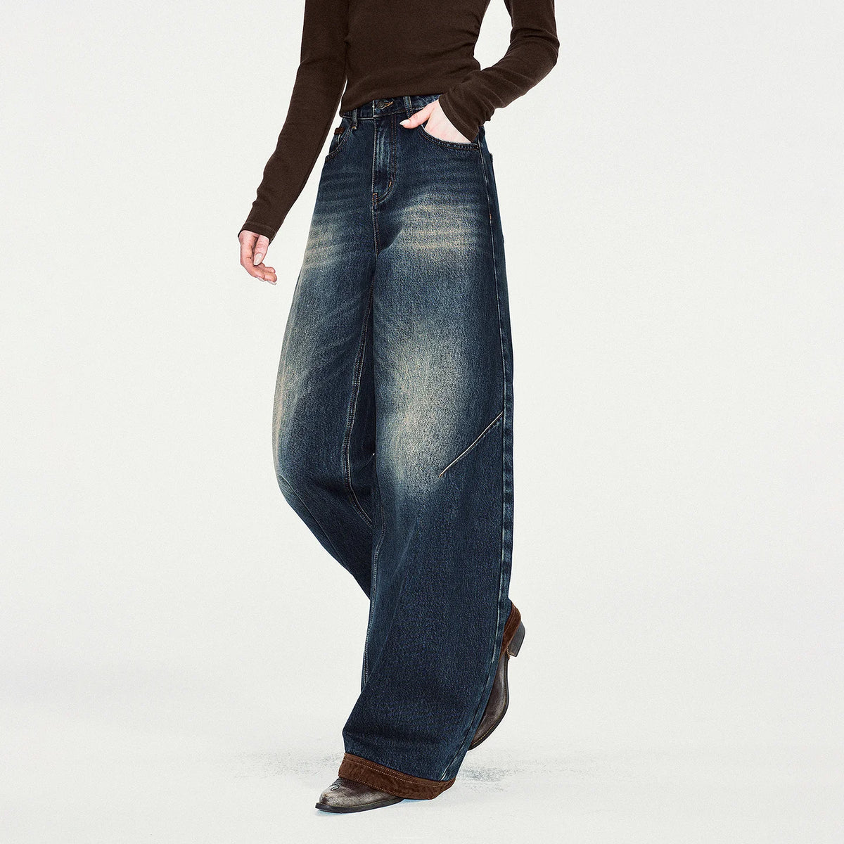 Paneled Barrel-Leg Jeans