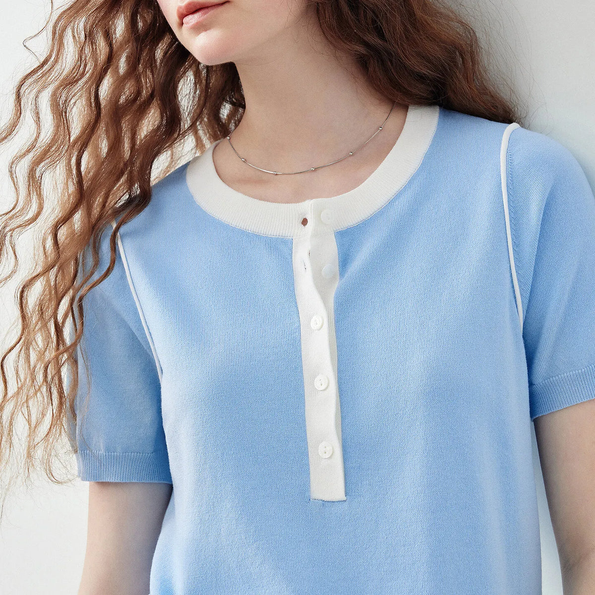 Contrast-Trim Henley Knit Top