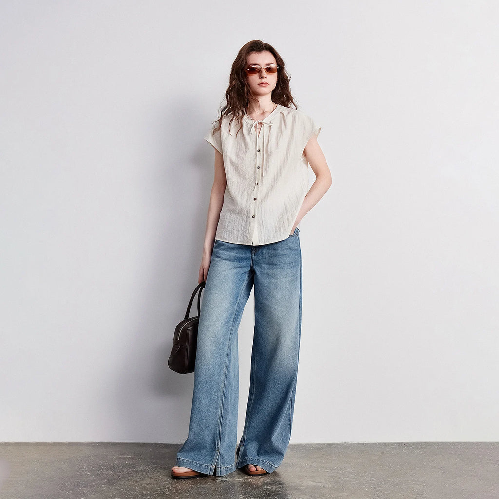 Tie-Neck Cap-Sleeve Blouse
