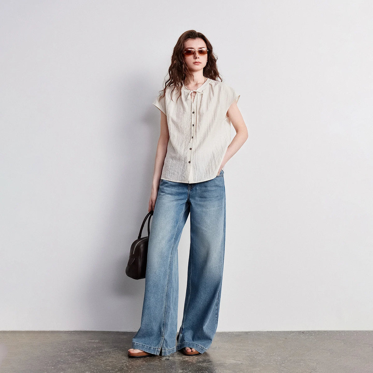 Tie-Neck Cap-Sleeve Blouse