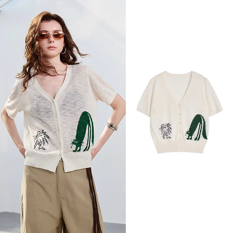 Tree-Motif V-Neck Cardigan
