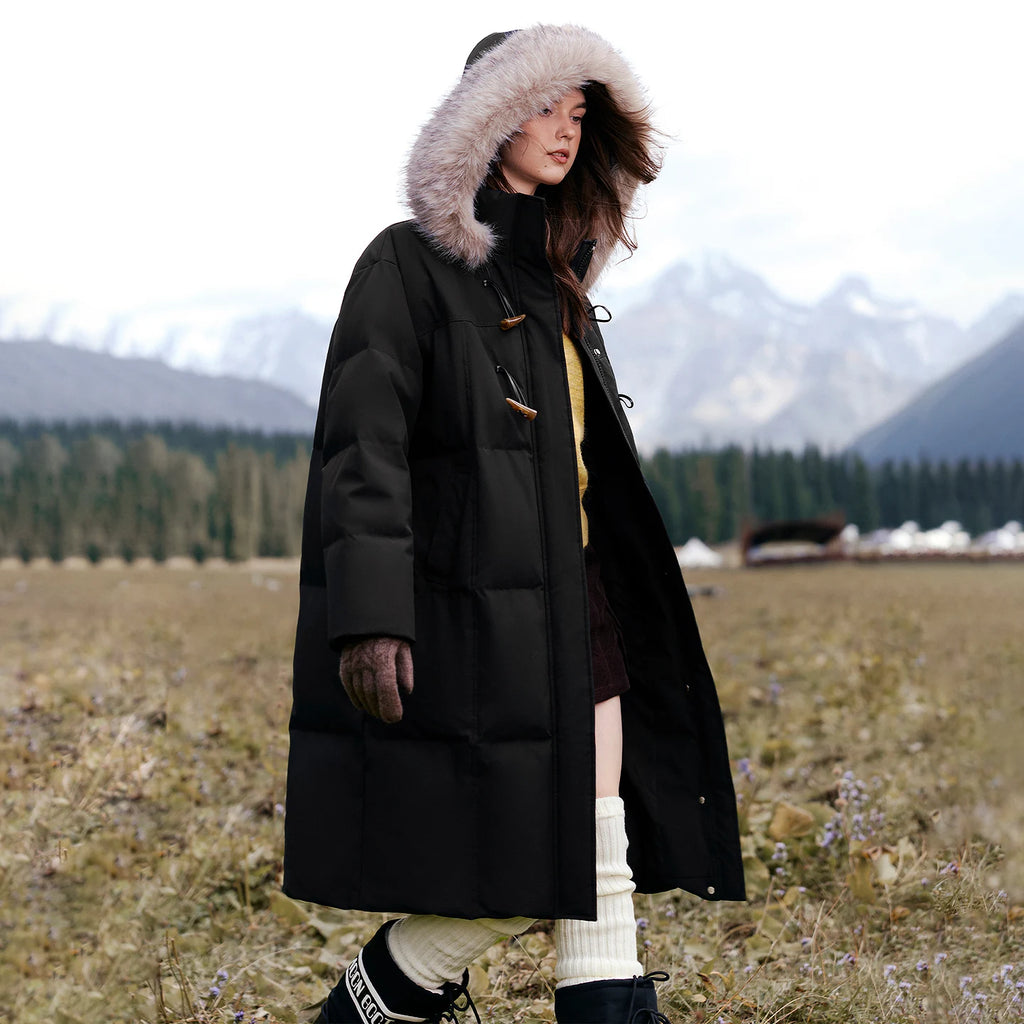 Shaggy-Trim Long Puffer Coat