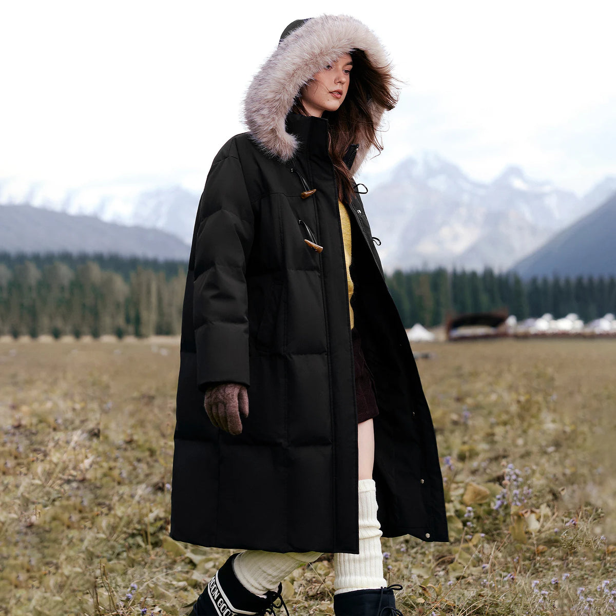 Shaggy-Trim Long Puffer Coat