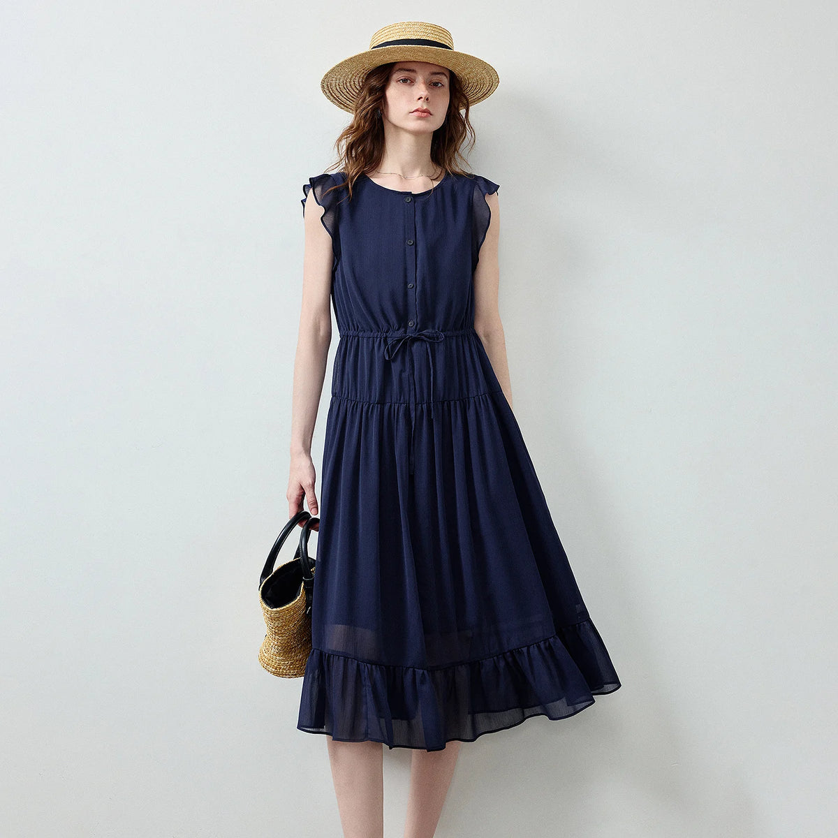 Ruffle-Sleeve Tiered Midi Dress