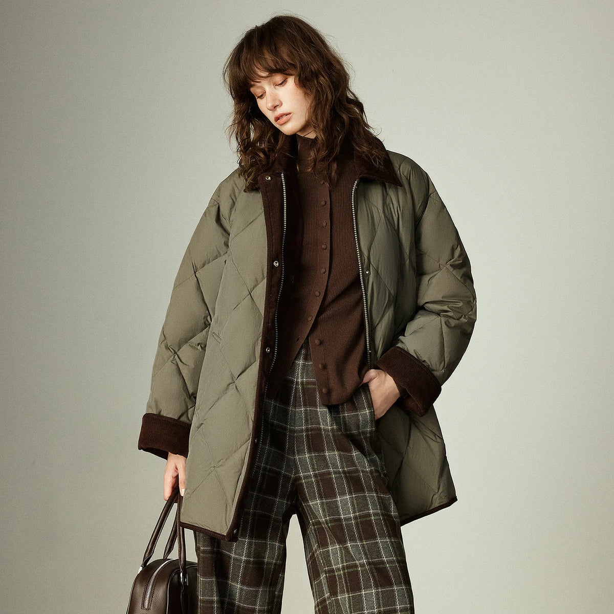 Diamond-Quilted Contrast-Collar Jacket