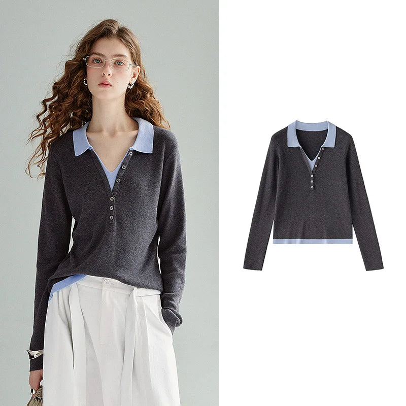 Contrast-Collar Long-Sleeve Knit Polo