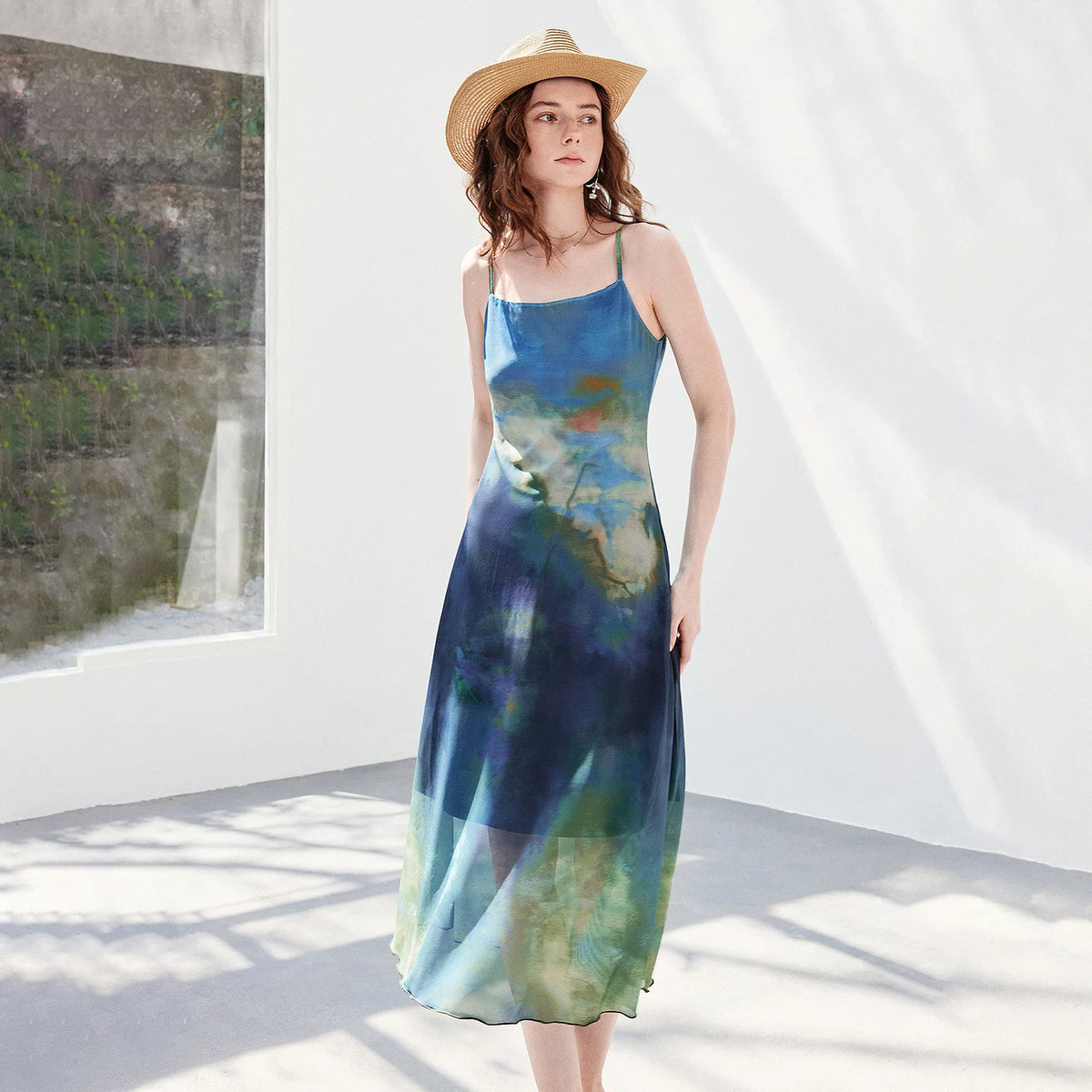 Watercolor-Print Long Slip Dress