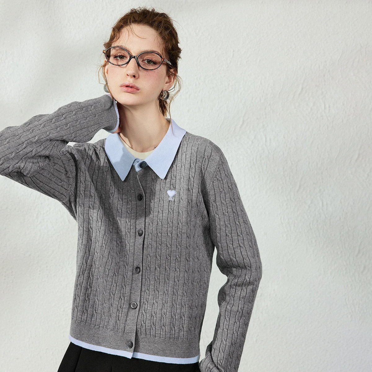 Contrast-Collar Cable Knit Cardigan