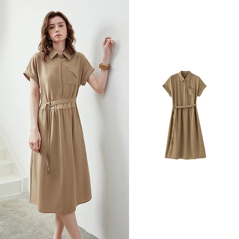 Belted Short-Sleeve Midi Shirt Dress
