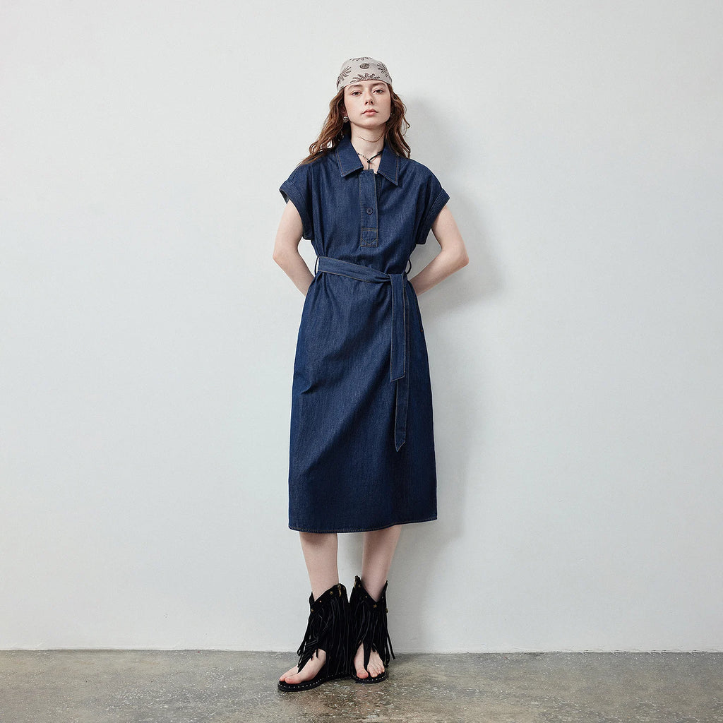 Belted Denim Midi Shirt Dress