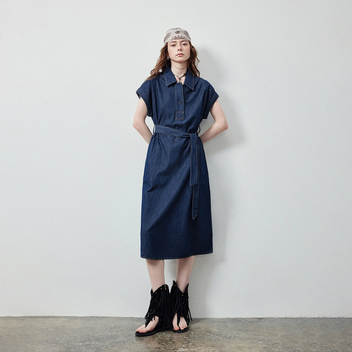 Belted Denim Midi Shirt Dress