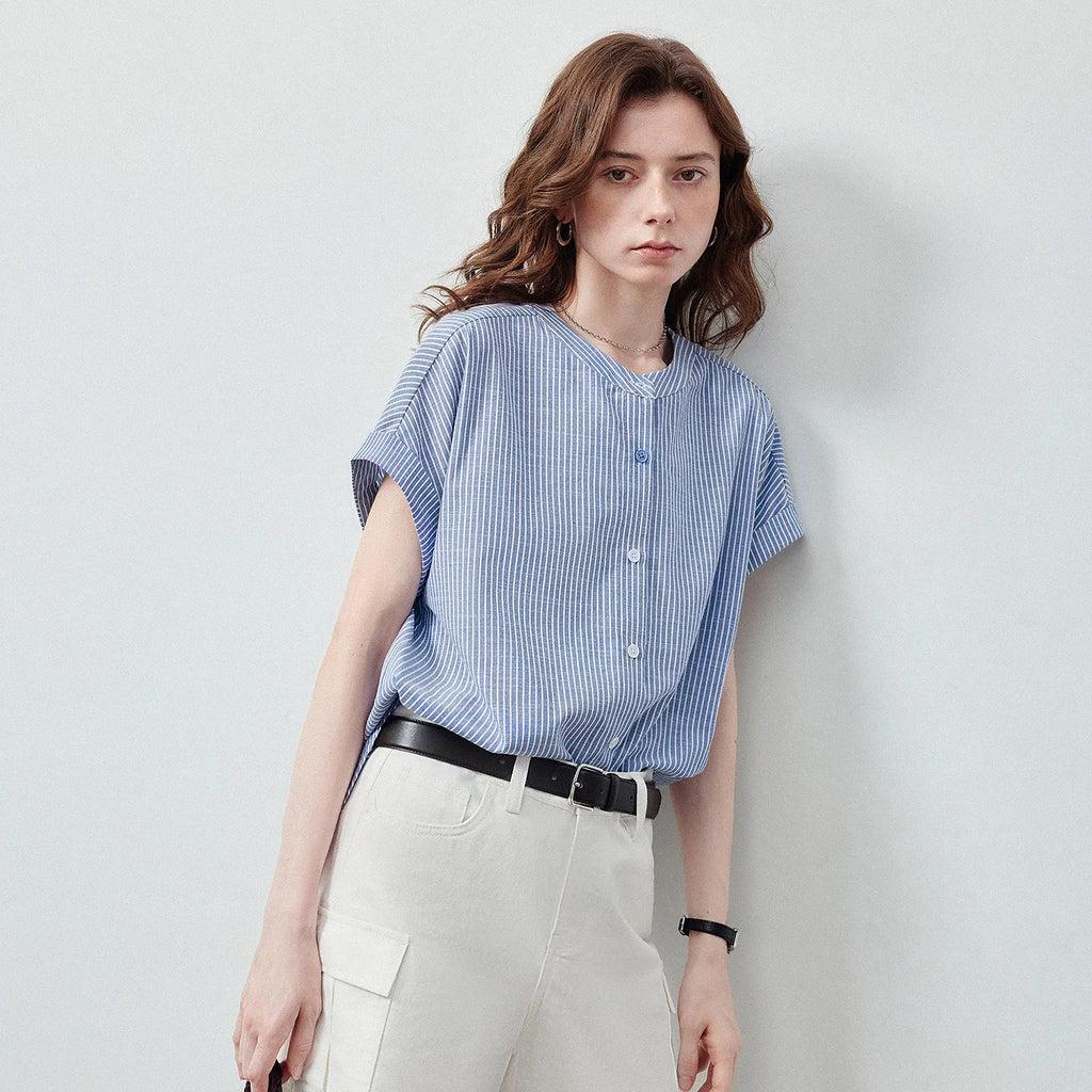 Striped Cap-Sleeve Button Shirt